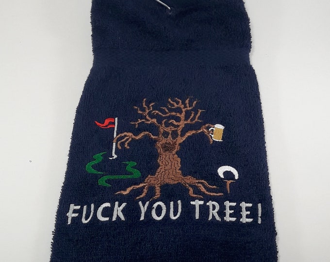 Golf Towel - F**k you tree with beer - Funny golf gift with mature humor - Custom made embroidery personalized - gift beer drinking golfer