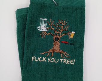 Disc Golf Towel, Fuck you tree with beer, Funny disc golf gift with mature humor, Custom made embroidery personalized, Frisbee sweat