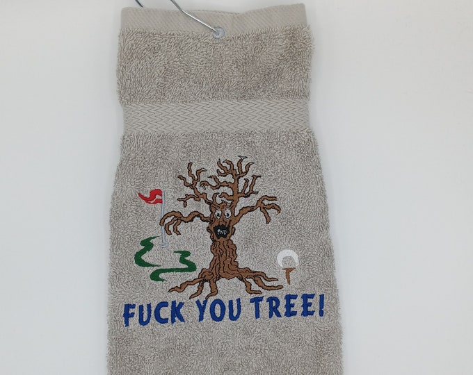 Golf Towel - F**K you tree with beer - Funny golf gift with mature humor - Custom made embroidery personalized - gift beer drinking golfer