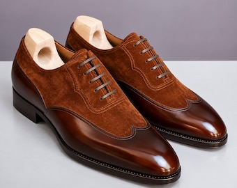 Handmade Brown Leather & Suede Wingtip Shoes, Men’s Lace Up Brogue Dress Shoes, Formal Office Footwear