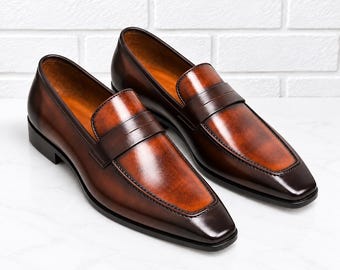 Men’s Brown Leather Loafers, Handmade Penny Slip On Dress Shoes, Classic Formal Business Wedding Shoes