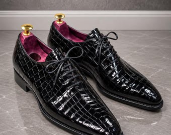 Handmade Men's Black Crocodile Texture Oxford Shoes, Leather Lace Up Dress Shoes, Formal Office & Business Footwear