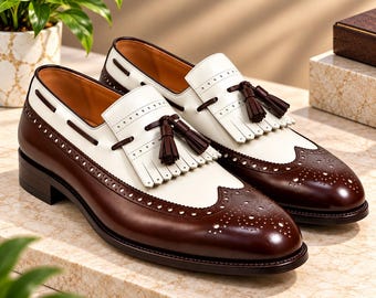 Men’s Handmade Brown & White Leather Tassel Loafers, Two Tone Wingtip Brogue Shoes, Vintage Formal Wedding Dress Footwear
