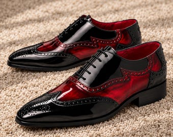 Handmade Red Patina Leather Wingtip Oxford Shoes, Men's Brogue Dress Footwear