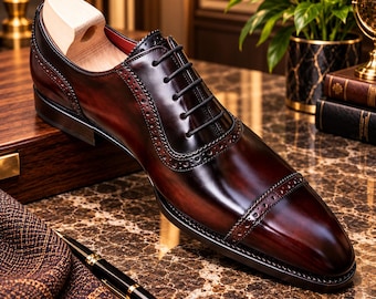 Men's Dark Brown Leather Oxford Shoes, Handmade Cap Toe Brogue Dress Shoes, Classic Formal Lace Up Business & Wedding Shoes