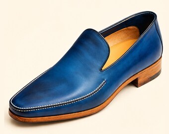 Men’s Handmade Blue Leather Slip On Shoes, Luxury Venetian Loafers, Navy Blue Dress Shoes, Cognac Wood Sole Formal Business Footwear