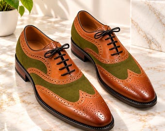 Handmade Two-Tone Leather Brogue Oxford Shoes, Formal Dress Footwear