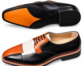 Men’s Black Orange Leather Derby Shoes, Handmade Two Tone Lace Up Dress Shoes, Formal Business Wedding Footwear