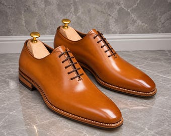 Men's Handmade Brown Leather Oxford Shoes, Lace Up Dress Shoes, Formal Business Footwear, Classic Wedding Shoes, Elegant Office Shoes