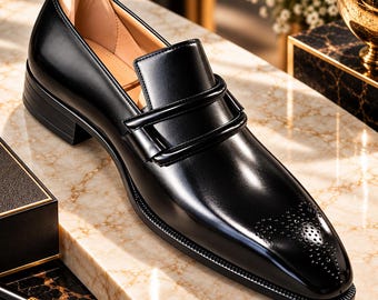 Men's Black Leather Double Strap Loafers, Handmade Brogue Dress Shoes, Luxury Slip On Formal Wedding Shoes, Classic Business Footwear