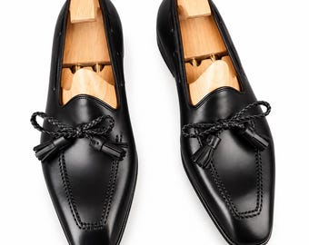 Men's Black Genuine Leather Loafers, Handmade Slip On Dress Shoes, Custom Made Formal Business & Wedding Footwear