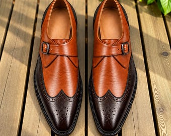 Men’s Handmade Brown Leather Monk Strap Shoes, Two Tone Brogue Dress Shoes, Vintage Formal Wedding & Business Footwear