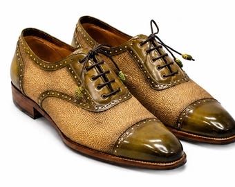 Men's Vintage Brown Leather Oxford Shoes, Wingtip Brogue Dress Shoes, Handmade Formal Business Shoes, Classic Lace Up Wedding Shoes