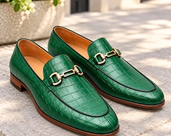 Men’s Emerald Green Crocodile Loafers, Gold Horsebit Leather Slip On Shoes, Luxury Designer Style Moccasins, Handmade Formal Dress Footwear