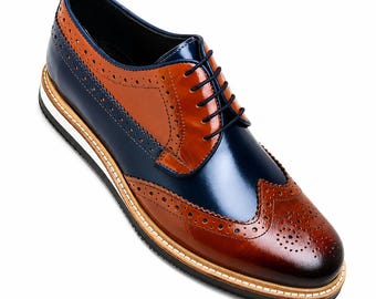 Men's Two Tone Leather Oxford Shoes, Brown Navy Wingtip Brogue Dress Shoes, Handmade Formal Lace Up Shoes, Business Wedding Shoes