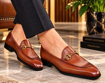 Men's Brown Leather Horsebit Loafers, Luxury Slip On Dress Shoes, Elegant Formal Business Wedding Shoes