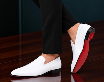 Men’s White Leather Loafers, Luxury Slip On Dress Shoes, Red Sole Formal Wedding Shoes, Handmade Minimalist Tuxedo Footwear