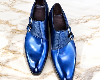 Handmade Two Tone Blue Leather Monk Strap Shoes, Men's Double Buckle Dress Shoes, Formal Wedding & Business Shoes
