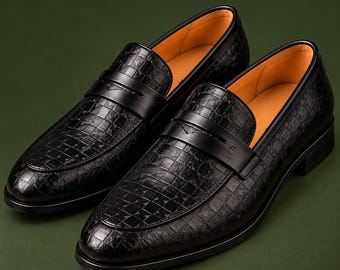 Men's Black Embossed Leather Penny Loafers, Handmade Luxury Slip On Dress Shoes, Textured Leather Formal Business Footwear