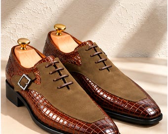 Handmade Crocodile Embossed Leather Oxford Shoes, Suede Accent, Formal Men's Footwear