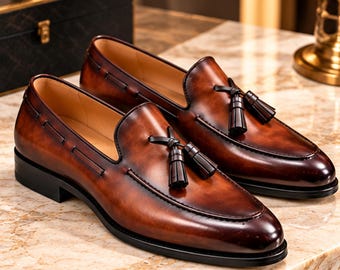 Handmade Brown Leather Tassel Loafers, Luxury Slip-On Dress Shoes for Men