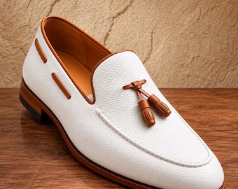 Handmade White Leather Tassel Loafers, Men's Dress Shoes, Elegant Slip-On Formal Wedding Shoes