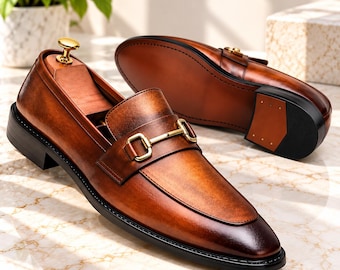 Handmade Brown Leather Horsebit Loafers, Men's Dress Shoes, Slip On Formal Shoes, Business Wedding Footwear