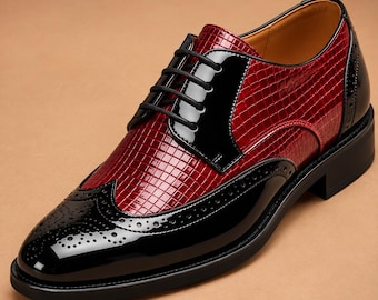 Red Black Crocodile Embossed Leather Wingtip Oxford Shoes for Men