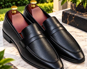 Men’s Black Leather Loafers, Handmade Slip On Dress Shoes, Luxury Moccasins, Formal Wedding Shoes