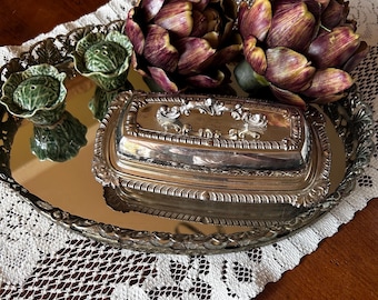 Vintage Crown Silver Company Silver-Plated Covered Butter Dish with Gadroon Border & Ornate Scroll Lid Accent, Mid-Century American Silverpl