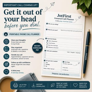 Könnte beinhalten: Ein ausdruckbarer JotFirst-Anrufplaner mit Abschnitten für Anrufziele, wichtige Details, Fragen und nächste Schritte. Das Dokument zeigt dunkelblauen Text auf weißem Hintergrund, begleitet von einem passenden dunkelblauen Kugelschreiber.