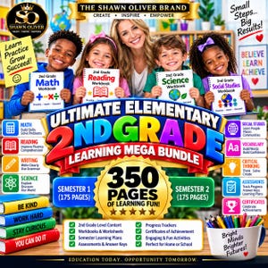 Puede incluir: Un gráfico promocional para el Ultimate Elementary 2nd Grade Learning Mega Bundle, con cuatro niños sosteniendo cuadernos de ejercicios de matemáticas, lectura, ciencias y estudios sociales, incluyendo texto, iconos y un bote de lápices.