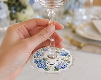 Blue Hydrangea Wedding Wine Glass Place Card Template, Editable Canva Floral Name Tag