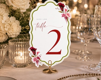 Elegant Burgundy Floral Wedding Table Number Template, Editable Canva Table Sign