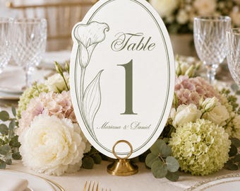 Elegant Calla Lily Wedding Table Number Template, Editable Canva Table Sign