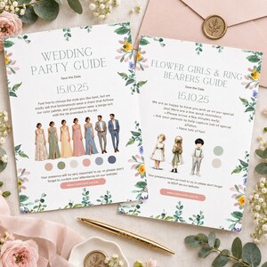 Pode incluir: Dois cartões de informação de casamento brancos com bordas florais, o texto Wedding Party Guide e Flower Girls & Ring Bearers Guide, a data 15.10.25, ilustrações de membros do cortejo, amostras de cores e links de sites.
