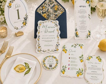 Elegante conjunto de invitaciones de boda con diseño de limones, paquete de papelería de boda mediterránea editable en Canva.