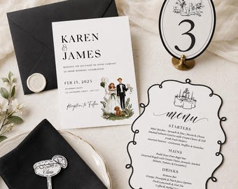 Black and White Wedding Invitation Suite, Editable Canva Wedding Stationery Bundle
