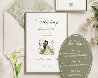 Sage Green Wedding Invitation Suite, Editable Canva Wedding Details RSVP Place Card Bundle