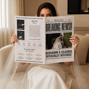 Pode incluir: Um jornal personalizado intitulado Wedding Post com a manchete BREAKING NEWS!! BENJAMIN & CLAUDIA OFFICIALLY HITCHED! O layout inclui uma foto de um casal, uma seção intitulada THE LOVE STORY e uma seção FUN FACTS ABOUT THE COUPLE.
