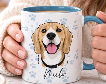 Custom Pet Portrait Mug from Photo, Illustrated Dog or Cat with Name, Paw Prints 11oz or 15oz
