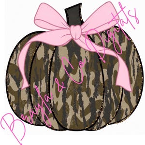 May include: A pumpkin illustration featuring a camouflage pattern in shades of olive green, brown, and black with a glittery gold outline. A light pink ribbon is tied around the stem. The text "Bayla & Co. Digitals" is written in pink script.