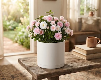 10 Inch Cylinder Plant Pot, Modern Round Planter, White Plastic Flower Pot with Drainage Hole and Saucer, Indoor Outdoor Decor for Plants