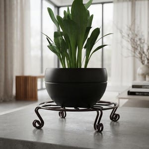May include: A matte black bowl-shaped planter containing a green leafy plant, resting on a circular dark brown metal plant stand with four curved scrollwork legs. The stand features a decorative wire mesh top surface and a sturdy metal frame.