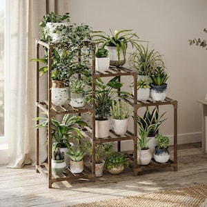 May include: A multi-tiered brown wooden plant stand featuring a stepped design with various shelves holding numerous potted plants in white, blue, and terracotta containers, creating a dense display of greenery and foliage in a home setting.