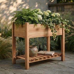 May include: A rectangular wooden raised garden bed with four legs and a lower slatted shelf. The planter box is filled with green ferns, ivy, and white hydrangea flowers. A small ceramic pot and a rectangular book sit on the lower shelf.