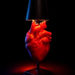 Könnte beinhalten: Eine Tischleuchte mit einem realistischen anatomischen menschlichen Herzen als Basis, das von innen mit einem warmen roten Licht beleuchtet wird. Das Herz steht auf einem quadratischen schwarzen Sockel und trägt einen dunklen, konischen Lampenschirm.