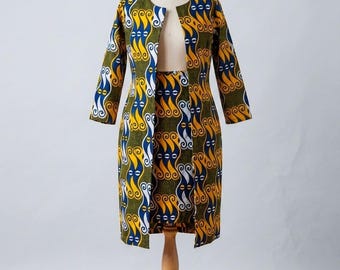 Ankara Skirt Set, African Wax Print Blazer, Pencil Skirt, Blue Yellow Geometric