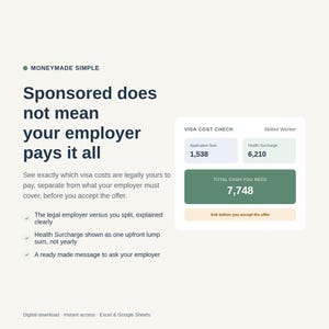 May include: An infographic titled MONEYMADE SIMPLE with the text Sponsored does not mean your employer pays it all. It features a VISA COST CHECK table for a Skilled Worker showing Application fees 1,538, Health Surcharge 6,210, and a total of 7,748.