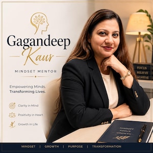 May include: A professional portrait featuring Gagandeep Kaur, Mindset Mentor, with text stating Empowering Minds, Transforming Lives, Clarity in Mind, Positivity in Heart, and Growth in Life. A dark notebook with Mindset Focus Growth text sits on a desk.